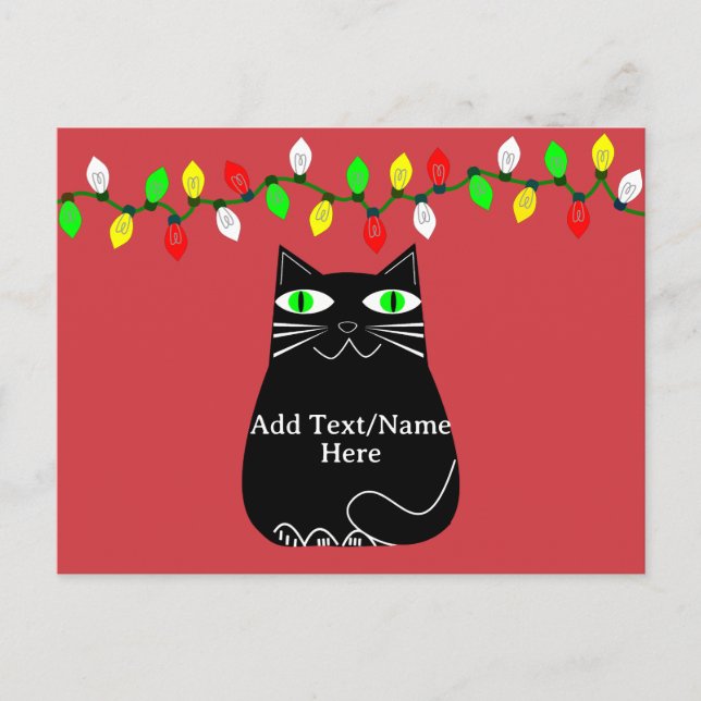 Black Fat Cat With Green Eyes Custom Text Red Postcard (Front)