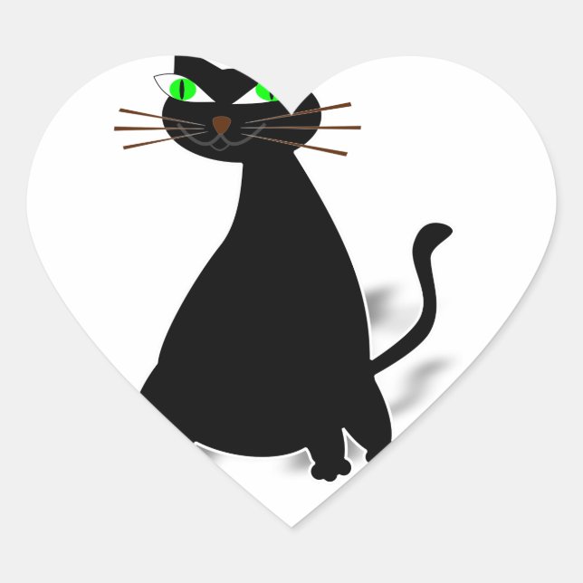 Black Fat Cat With Green Eyes Heart Sticker (Front)