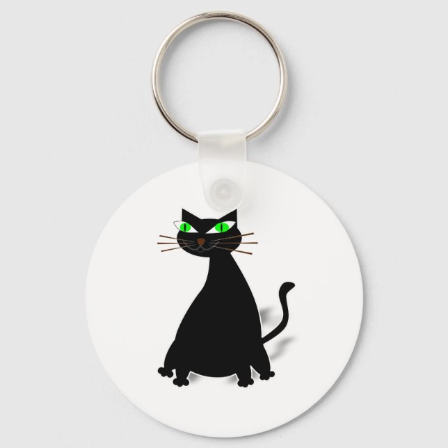 Black Fat Cat With Green Eyes Keychain (Front)