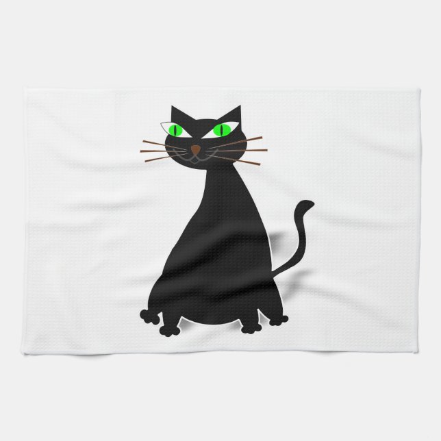 Black Fat Cat With Green Eyes Kitchen Towel (Horizontal)