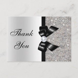 Black Faux Bow Silver Diamonds Thank You Card