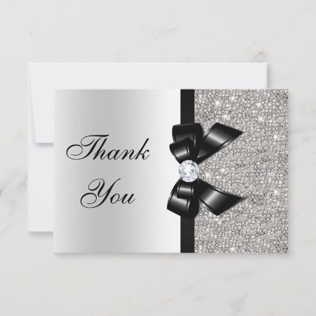 Black Faux Bow Silver Diamonds Thank You Card (Front)