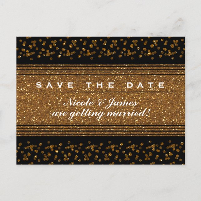 Black Faux Brushed Gold Save The Date Postcard (Front)