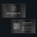 Black Faux Brushed Steel Professional QR Code Business Card<br><div class="desc">This modern business card design features a sleek, brushed metallic background in a dark tone, exuding professionalism and sophistication. The minimalist layout highlights your custom logo and company details on the front, while the reverse side elegantly presents contact information and a scannable QR code, all in a clean, legible font....</div>