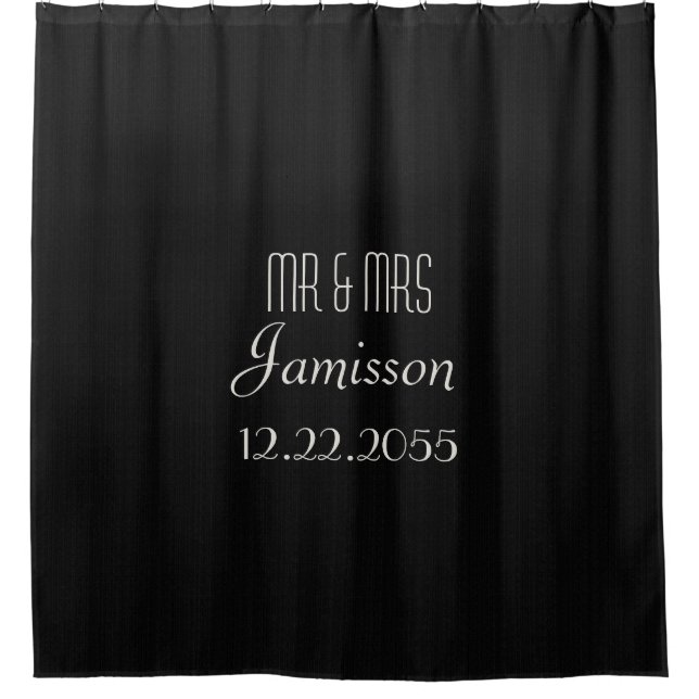 Black Faux Burlap Shower Curtain MR & MRS (Front)