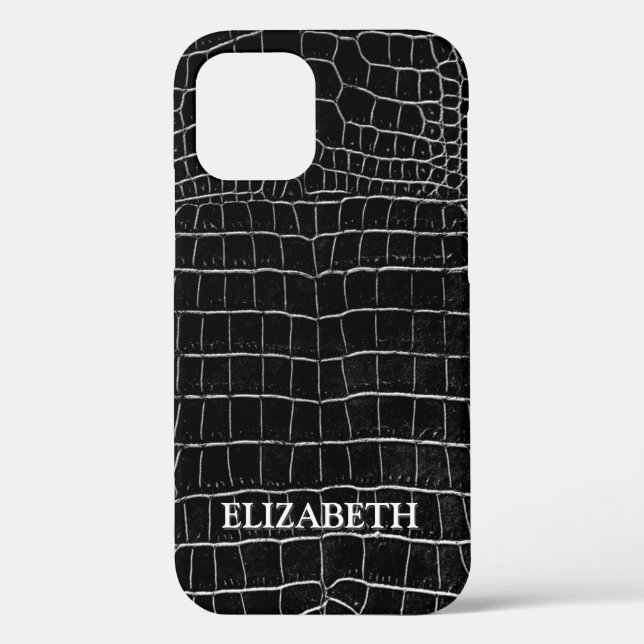 Black Faux Crocodile Leather Personalized Name Case-Mate iPhone Case (Back)