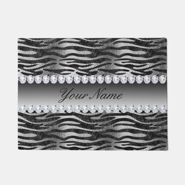 Black Faux Foil Zebra Stripes on Silver Doormat (Front)
