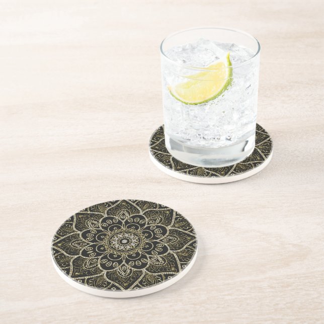 Black Faux Glitter And Gold Floral Mandala Coaster (Side)