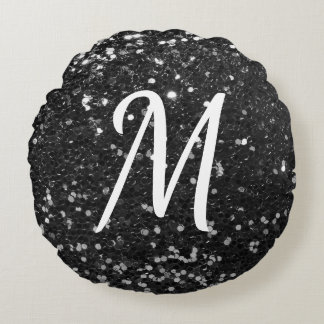Black Faux Glitter White Custom Initial Round Pillow