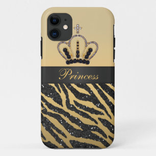 Black Faux Glitter Zebra Print & Jewel Crown iPhone 11 Case