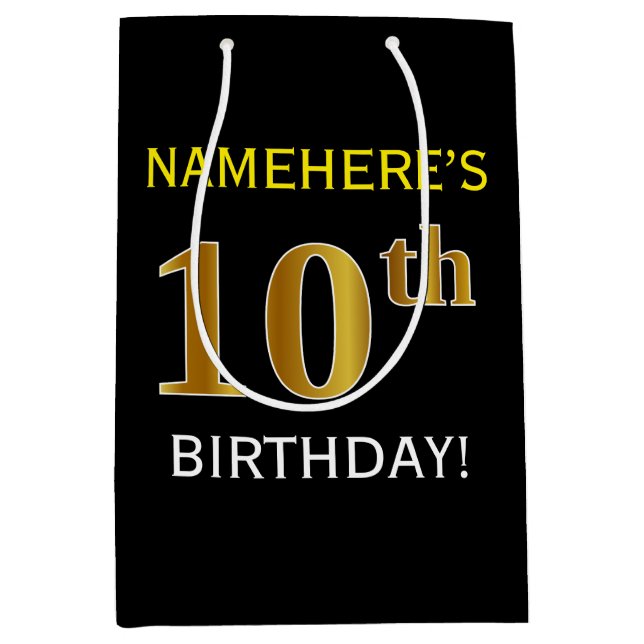 Black, Faux Gold 10th Birthday + Custom Name Medium Gift Bag (Front)