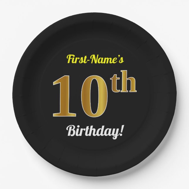 Black, Faux Gold 10th Birthday + Custom Name Paper Plate (Front)