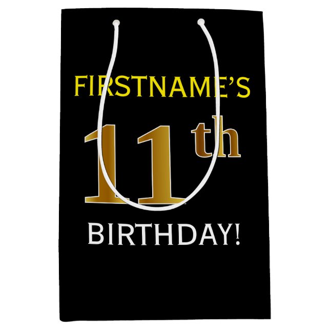 Black, Faux Gold 11th Birthday + Custom Name Medium Gift Bag (Front)