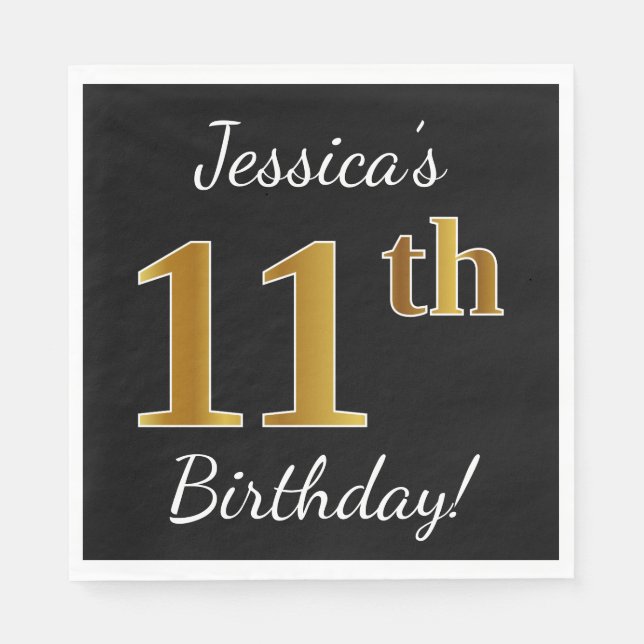Black, Faux Gold 11th Birthday + Custom Name Napkin (Front)