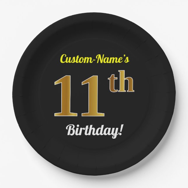 Black, Faux Gold 11th Birthday + Custom Name Paper Plate (Front)