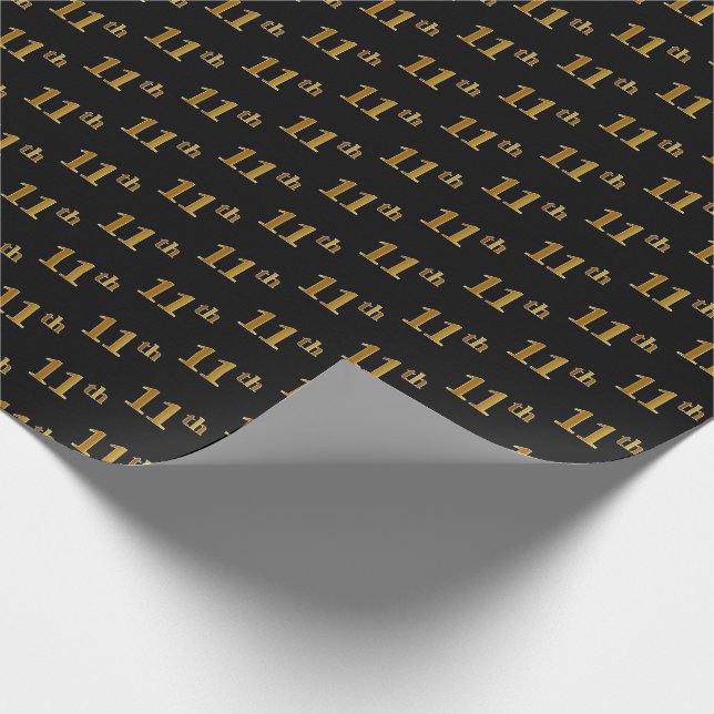 Black, Faux Gold 11th (Eleventh) Event Wrapping Paper (Corner)