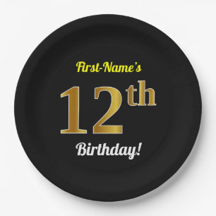 Black, Faux Gold 12th Birthday + Custom Name Paper Plate