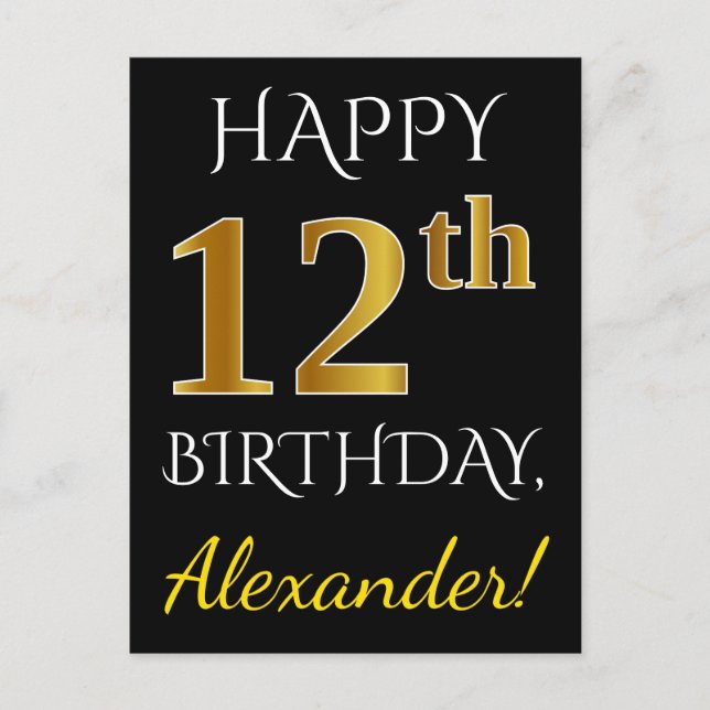 Black, Faux Gold 12th Birthday + Custom Name Postcard (Front)