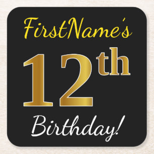 Black, Faux Gold 12th Birthday + Custom Name Square Paper Coaster