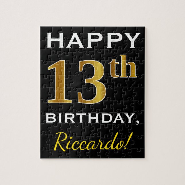 Black, Faux Gold 13th Birthday + Custom Name Jigsaw Puzzle (Vertical)