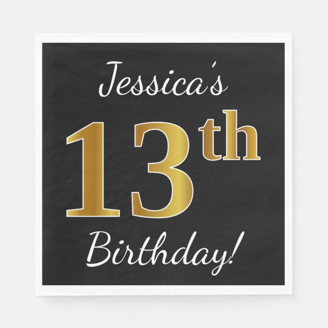 Black, Faux Gold 13th Birthday + Custom Name Napkin (Front)