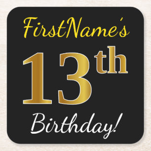 Black, Faux Gold 13th Birthday + Custom Name Square Paper Coaster