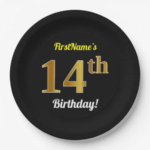 Black, Faux Gold 14th Birthday + Custom Name Paper Plate