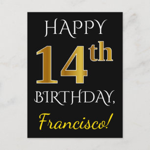 Black, Faux Gold 14th Birthday + Custom Name Postcard
