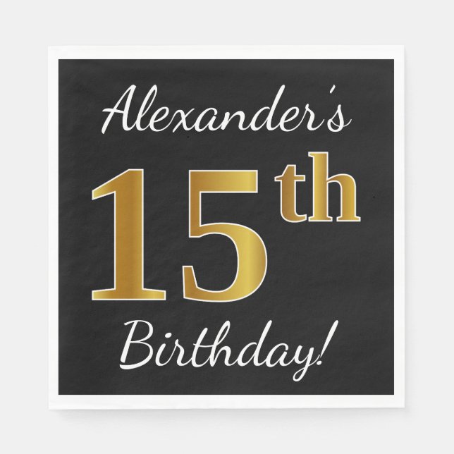 Black, Faux Gold 15th Birthday + Custom Name Napkin (Front)