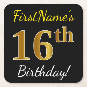 Black, Faux Gold 16th Birthday + Custom Name Square Paper Coaster