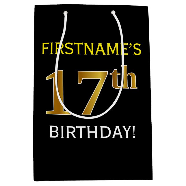 Black, Faux Gold 17th Birthday + Custom Name Medium Gift Bag (Front)