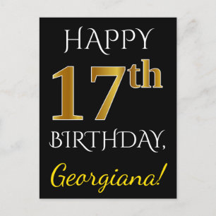 Black, Faux Gold 17th Birthday + Custom Name Postcard