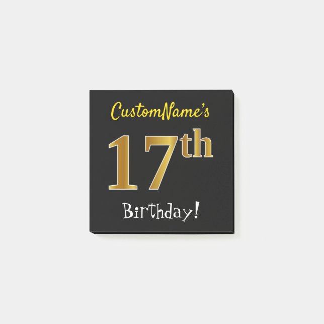 Black, Faux Gold 17th Birthday, With Custom Name Post-it Notes (Front)