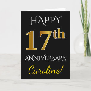 Black, Faux Gold 17th Wedding Anniversary + Name Card