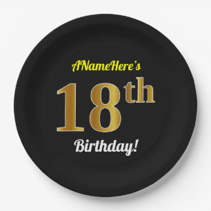 Black, Faux Gold 18th Birthday + Custom Name Paper Plate