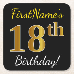 Black, Faux Gold 18th Birthday + Custom Name Square Paper Coaster