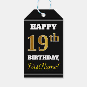 Black, Faux Gold 19th Birthday + Custom Name Gift Tags