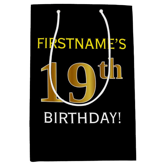 Black, Faux Gold 19th Birthday + Custom Name Medium Gift Bag (Front)