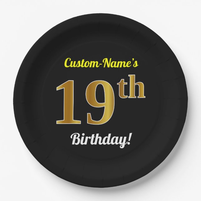 Black, Faux Gold 19th Birthday + Custom Name Paper Plate (Front)