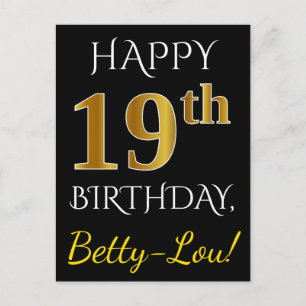 Black, Faux Gold 19th Birthday + Custom Name Postcard