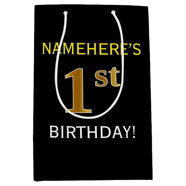 Black, Faux Gold 1st Birthday + Custom Name Medium Gift Bag (Front)