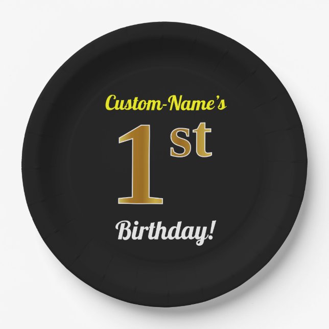 Black, Faux Gold 1st Birthday + Custom Name Paper Plate (Front)