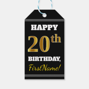 Black, Faux Gold 20th Birthday + Custom Name Gift Tags