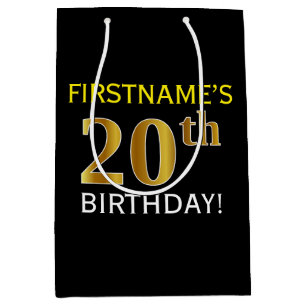 Black, Faux Gold 20th Birthday + Custom Name Medium Gift Bag