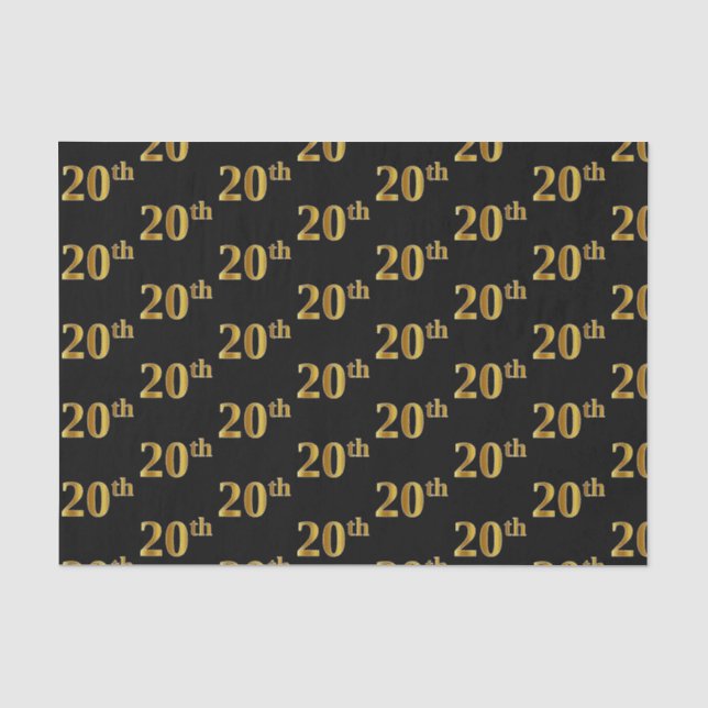 Black, Faux Gold 20th (Twentieth) Event Tissue Paper (Front)