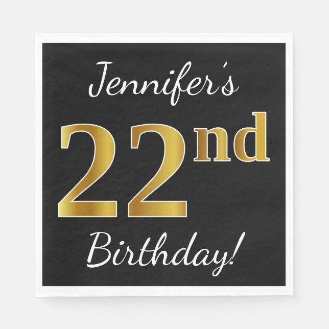 Black, Faux Gold 22nd Birthday + Custom Name Napkin (Front)