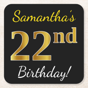 Black, Faux Gold 22nd Birthday + Custom Name Square Paper Coaster
