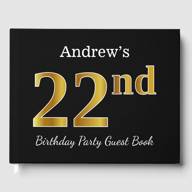 Black, Faux Gold 22nd Birthday Party + Custom Name Guest Book (Front)