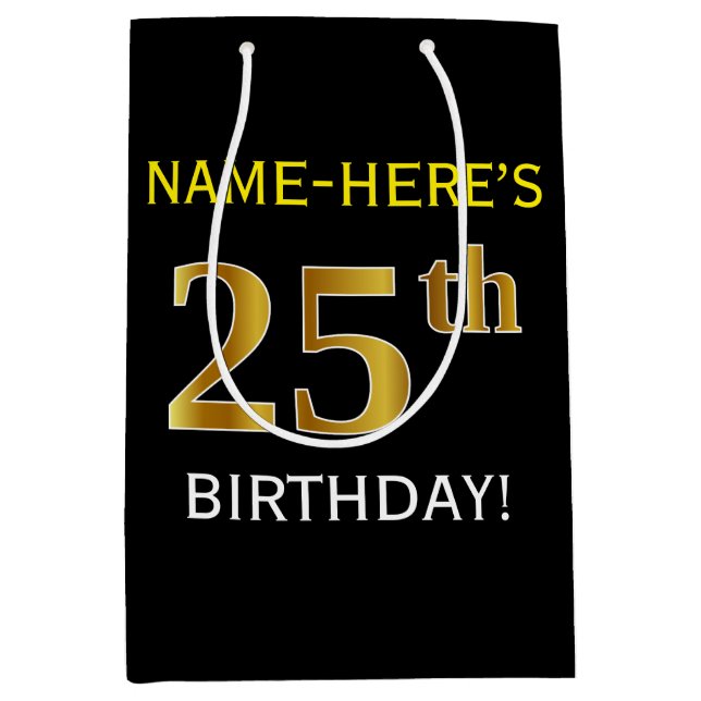 Black, Faux Gold 25th Birthday + Custom Name Medium Gift Bag (Front)