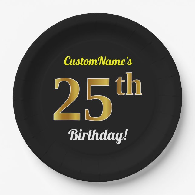 Black, Faux Gold 25th Birthday + Custom Name Paper Plate (Front)